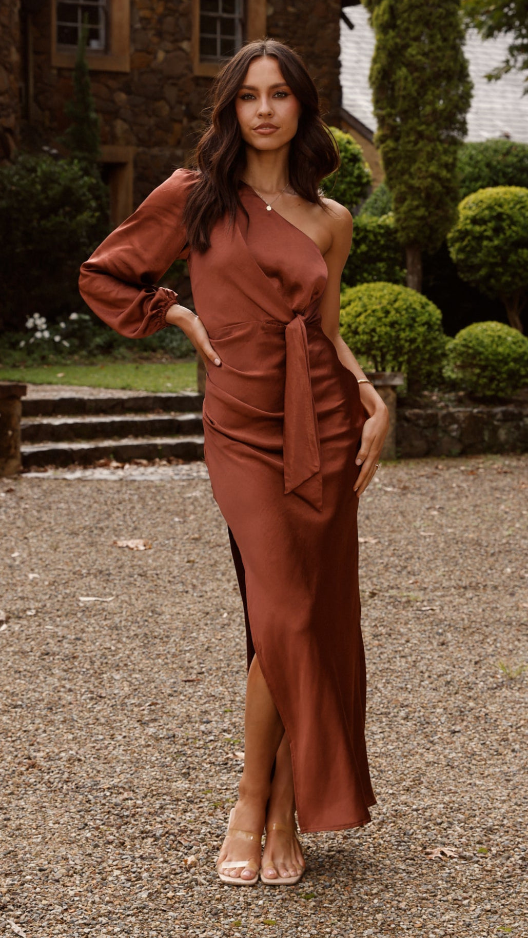 Eden One Shoulder Tie Front Maxi Dress - Rust