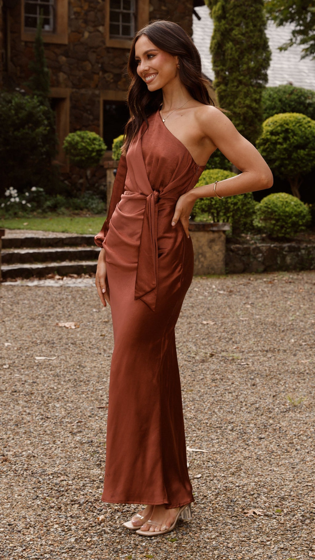 Eden One Shoulder Tie Front Maxi Dress - Rust