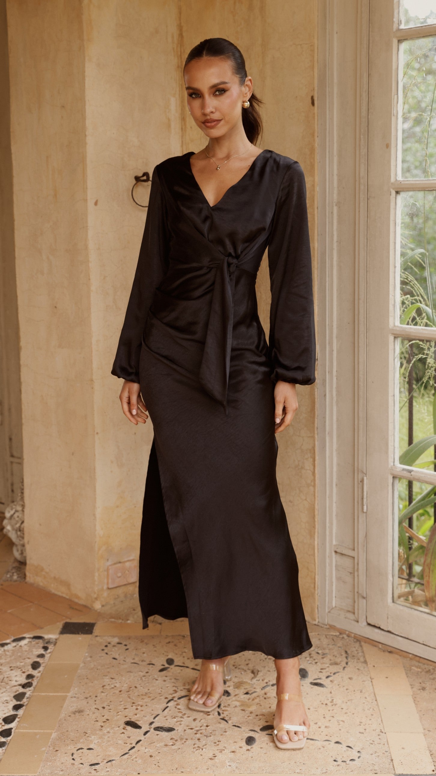 Ivy Long Sleeve Tie Front Maxi Dress - Black
