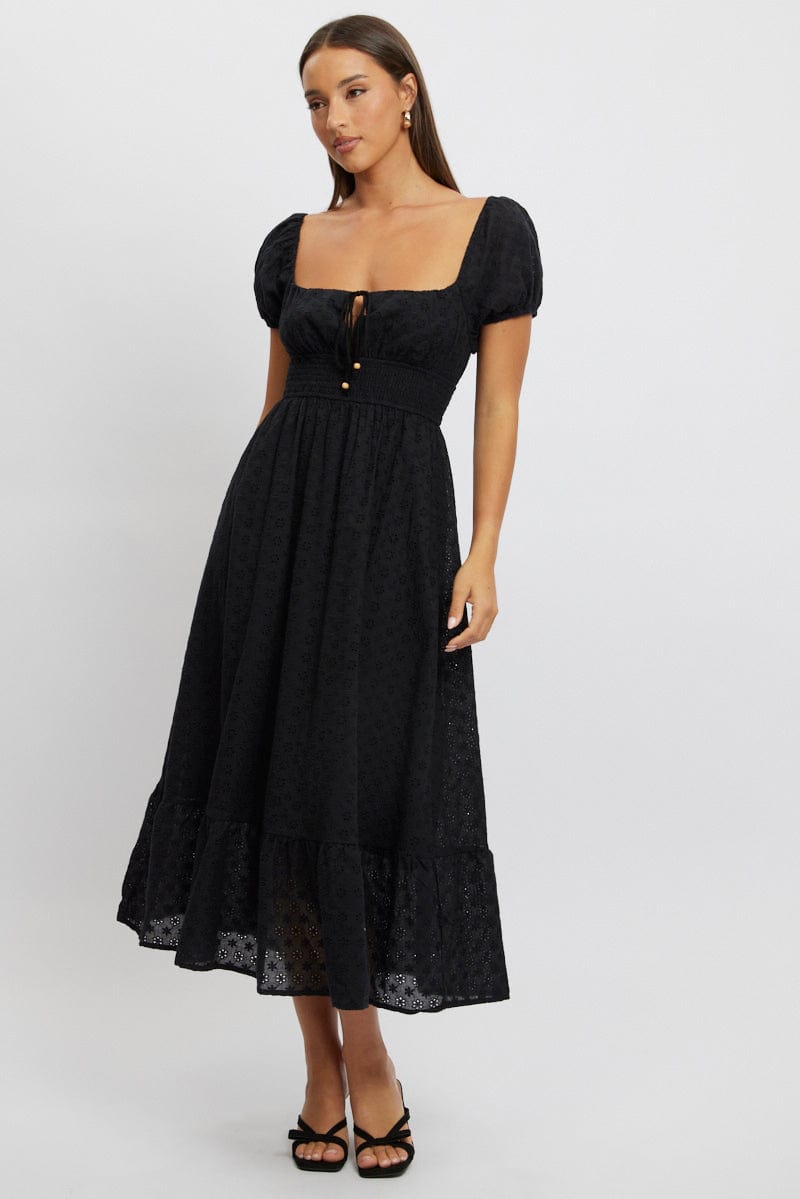 Black Maxi Dress Puff Sleeve Eyelet Fabric