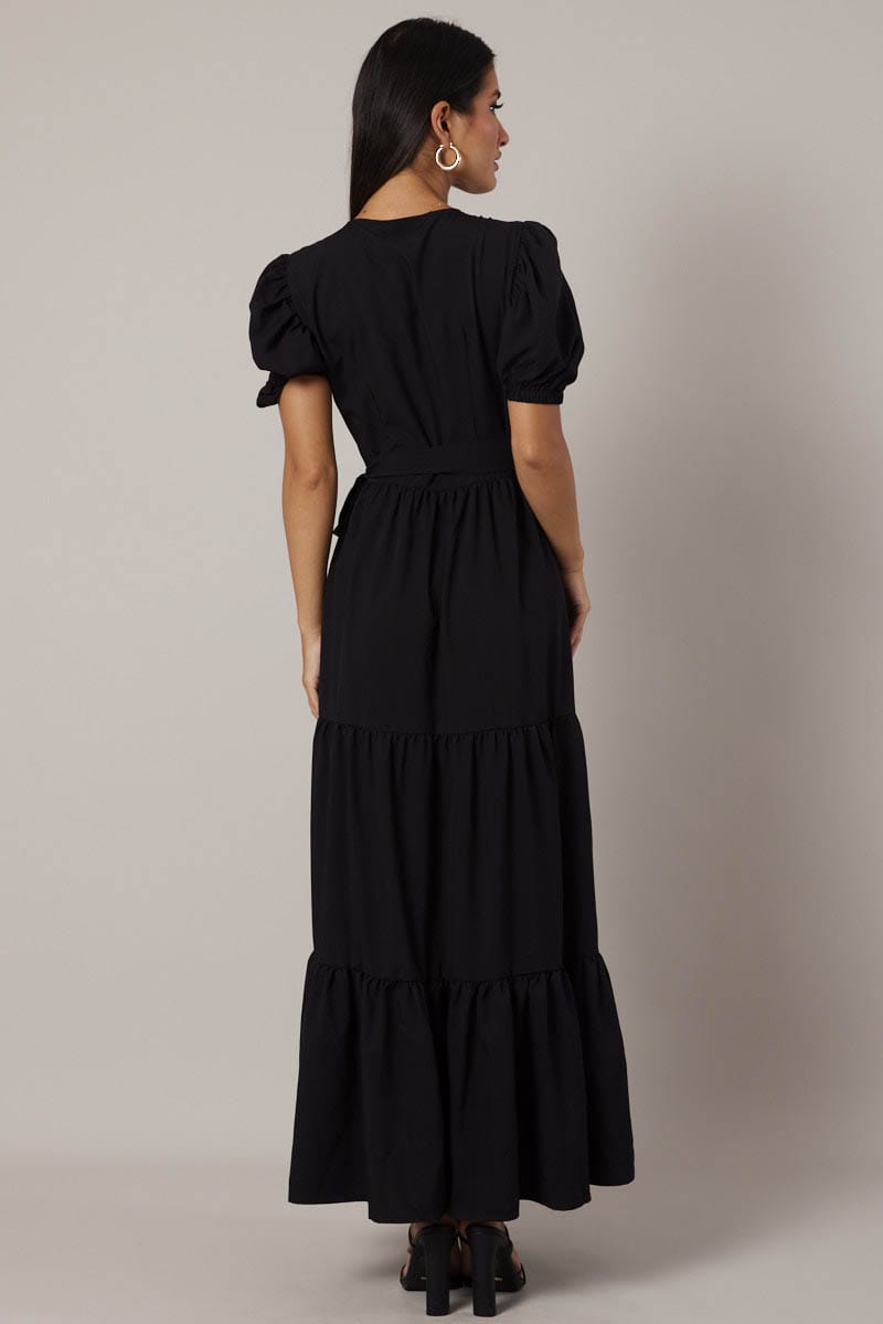 Black Puff Sleeve Maxi Dress Wrap Tiered Dress