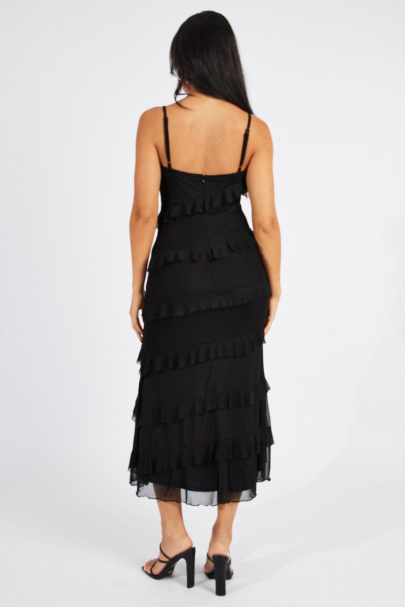 Black Maxi Dress Sleeveless Sweetheart Frill Mesh