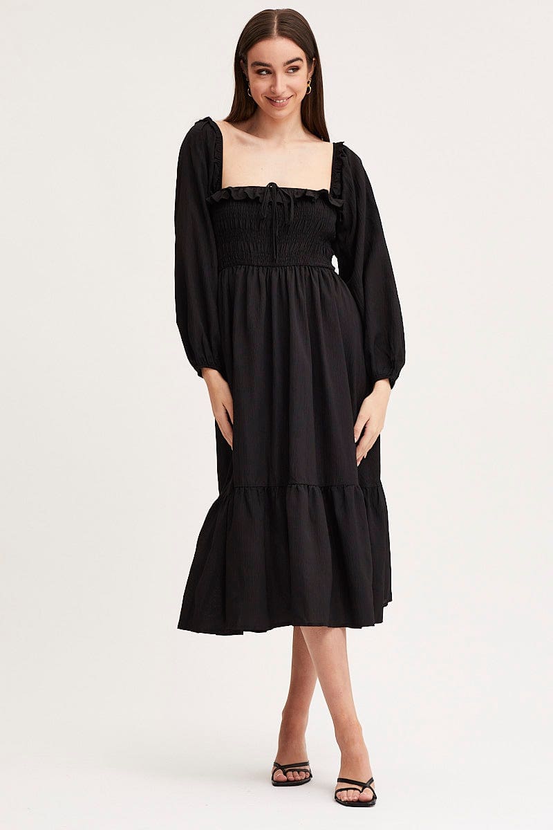 Black Maxi Dress Long Sleeve Square Neck