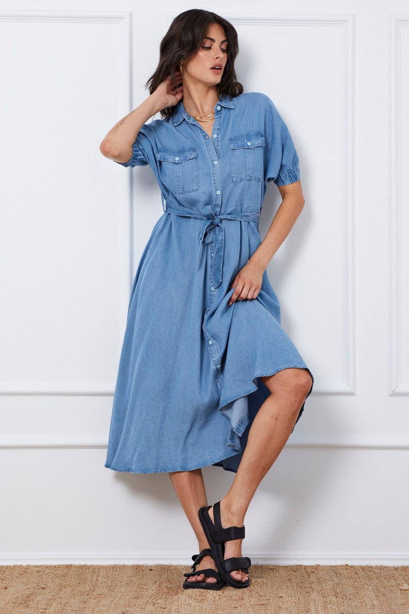 Blue A Line Dress Short Sleeve Maxi