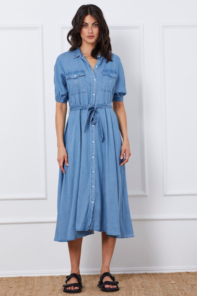 Blue A Line Dress Short Sleeve Maxi