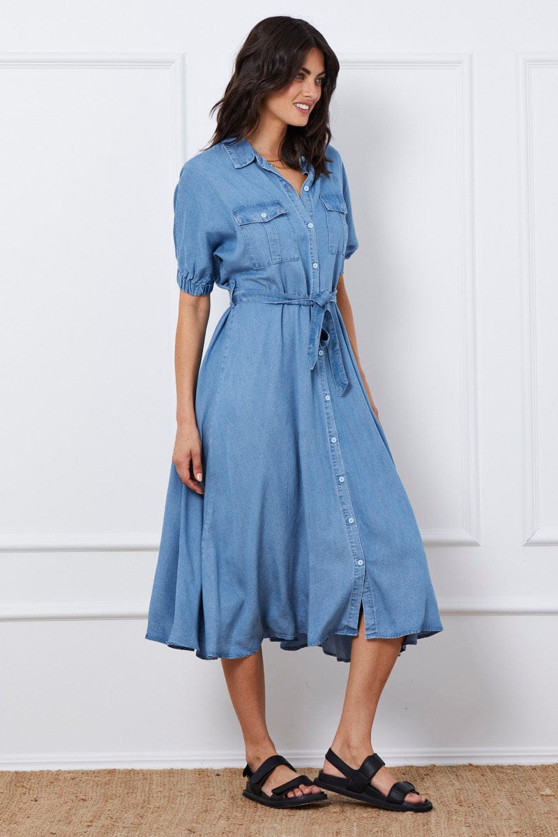 Blue A Line Dress Short Sleeve Maxi