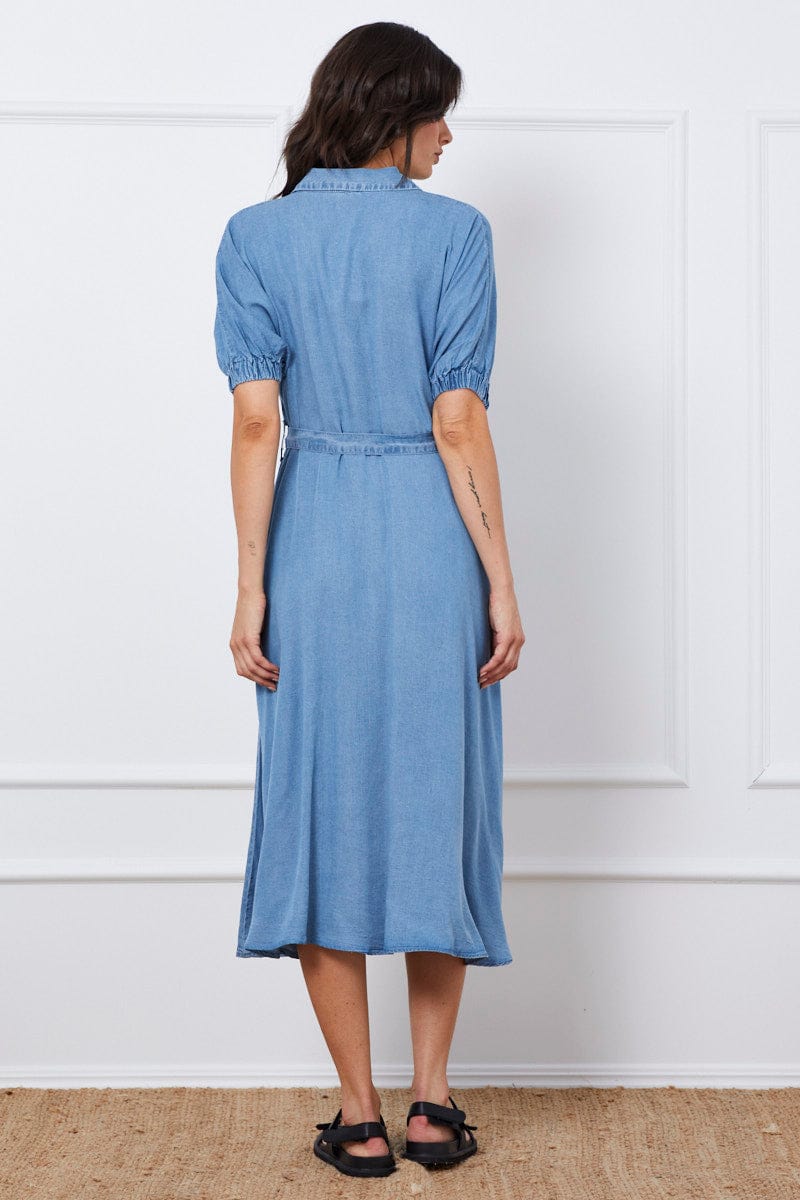 Blue A Line Dress Short Sleeve Maxi