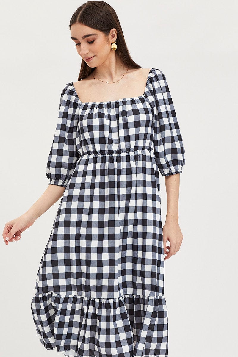 Check Midi Dress Puff Sleeve