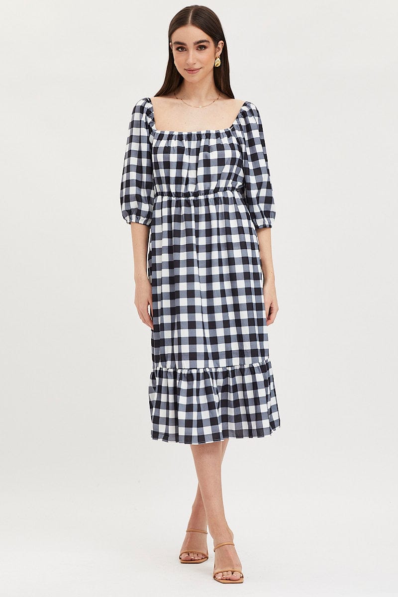 Check Midi Dress Puff Sleeve