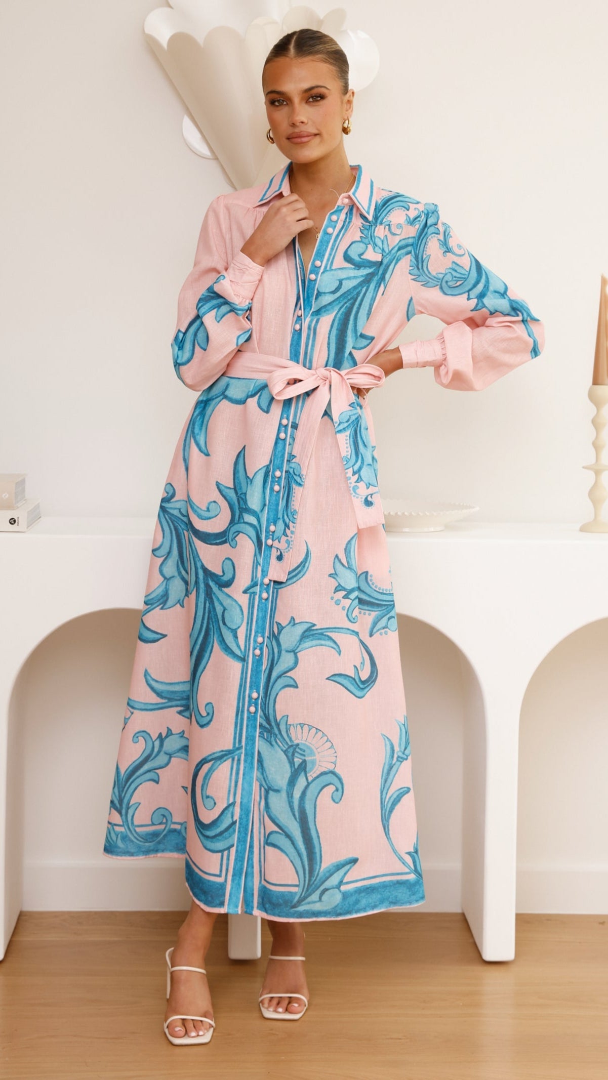 Lucia Long Sleeve Maxi Dress - Aqua/Pink Print