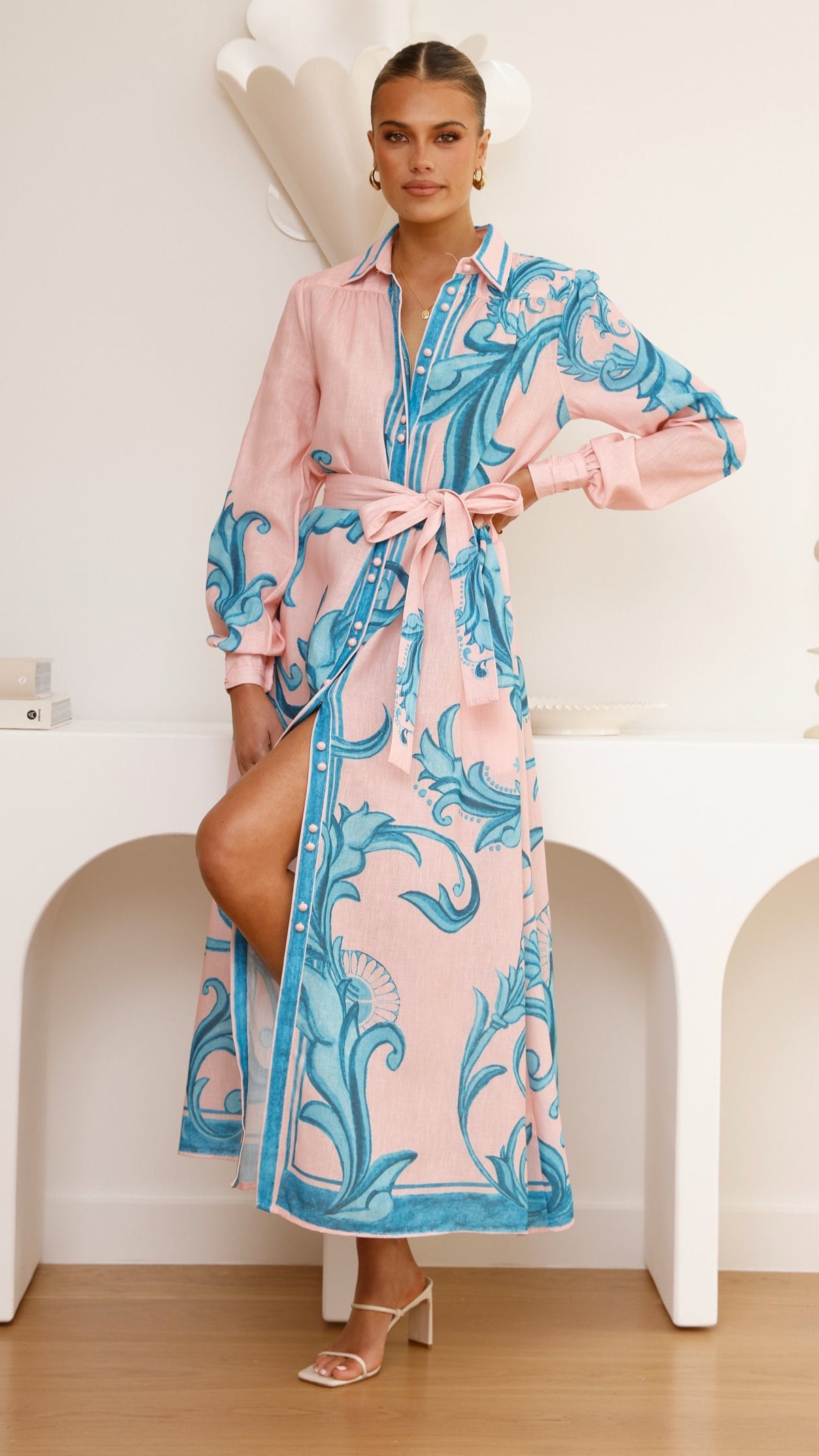 Lucia Long Sleeve Maxi Dress - Aqua/Pink Print