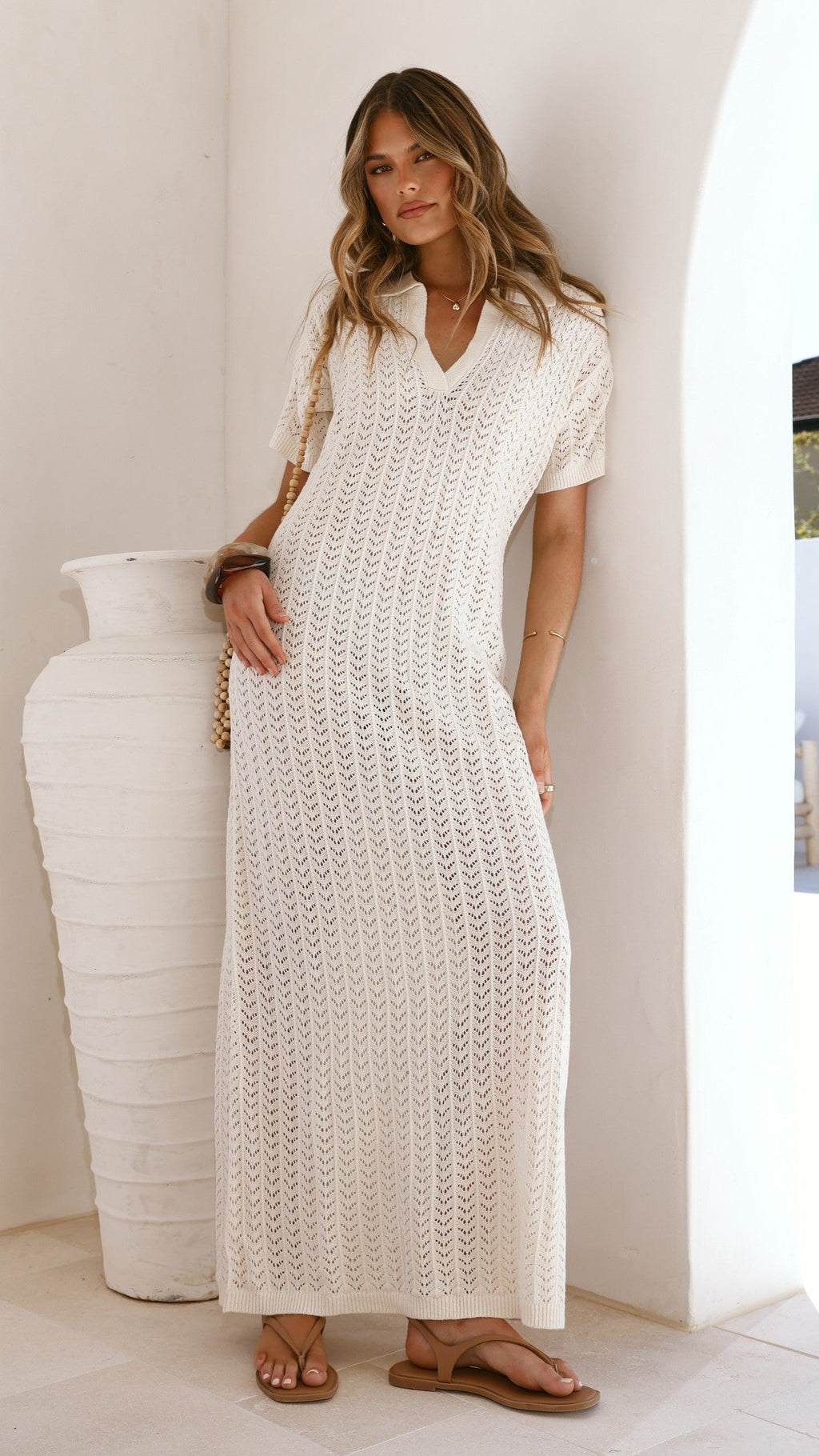 Tiffy Crochet Short Sleeve Maxi Dress - White