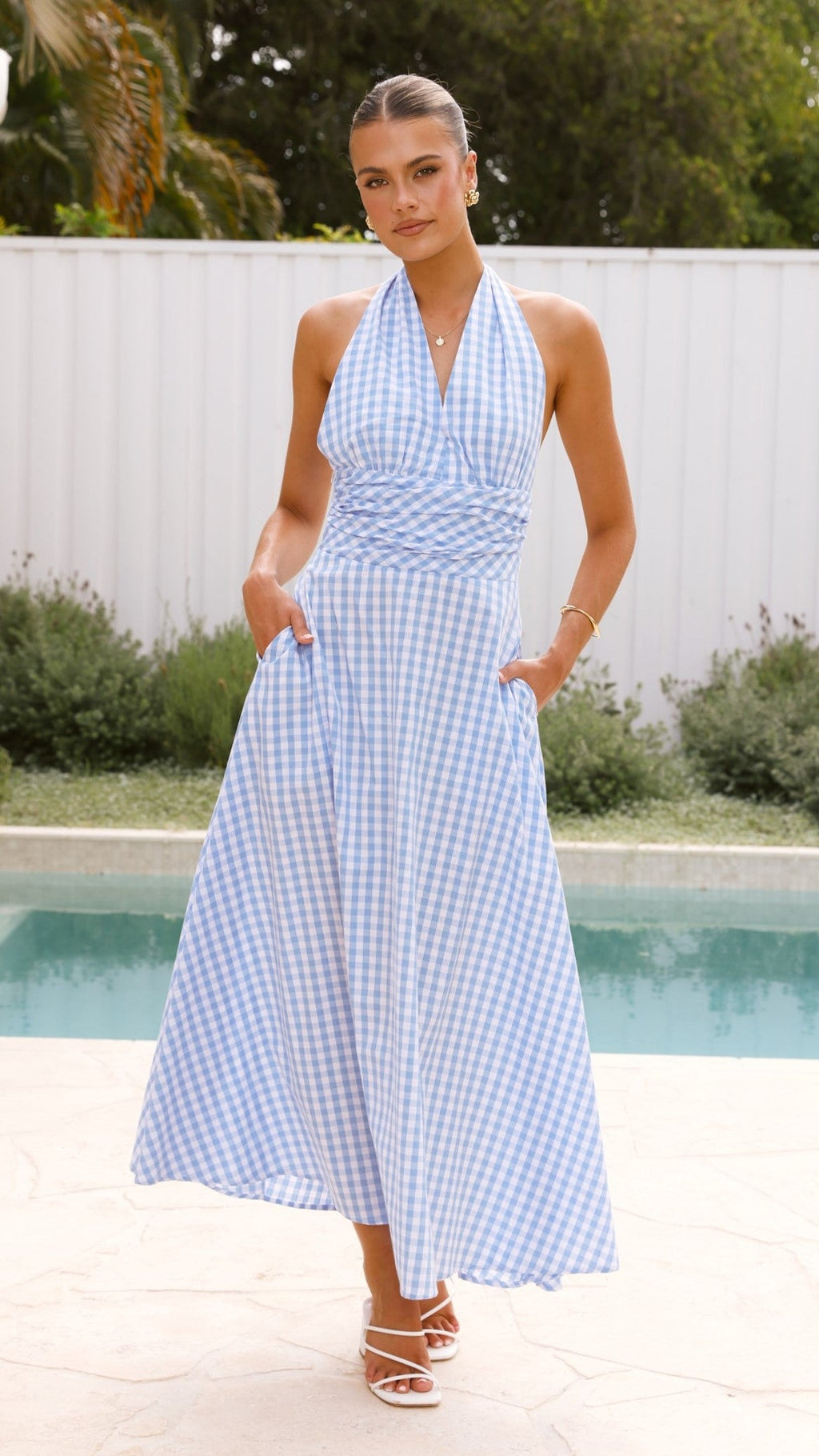 Brydie Halter Maxi Dress - Gingham Light Blue
