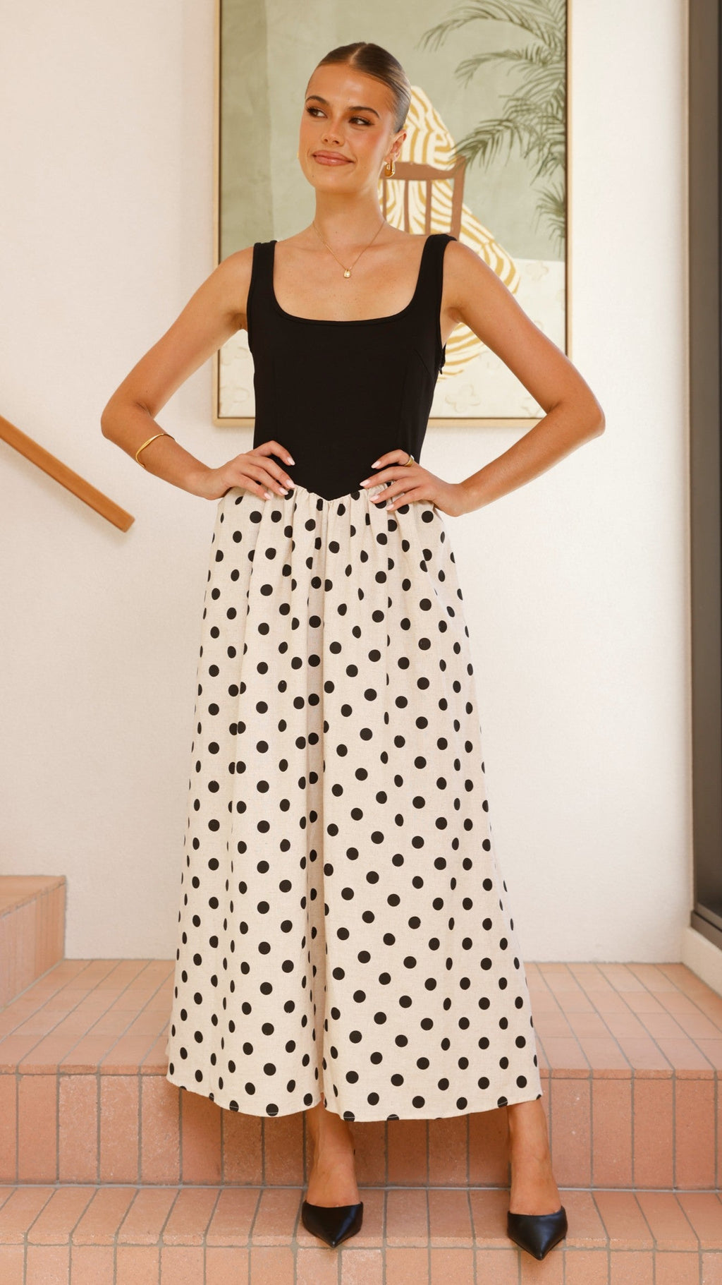 Leoni Maxi Dress - Oat/Black Spot