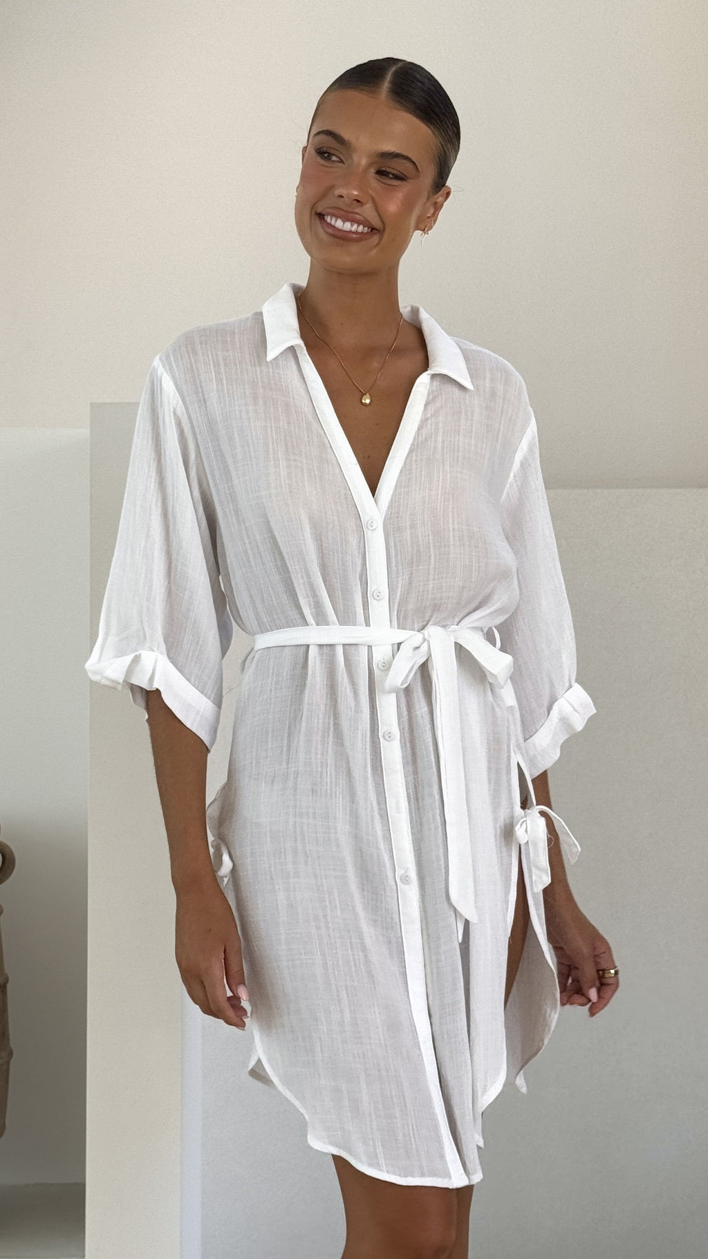 Vesper  Button Down Beach Cover Up  - White