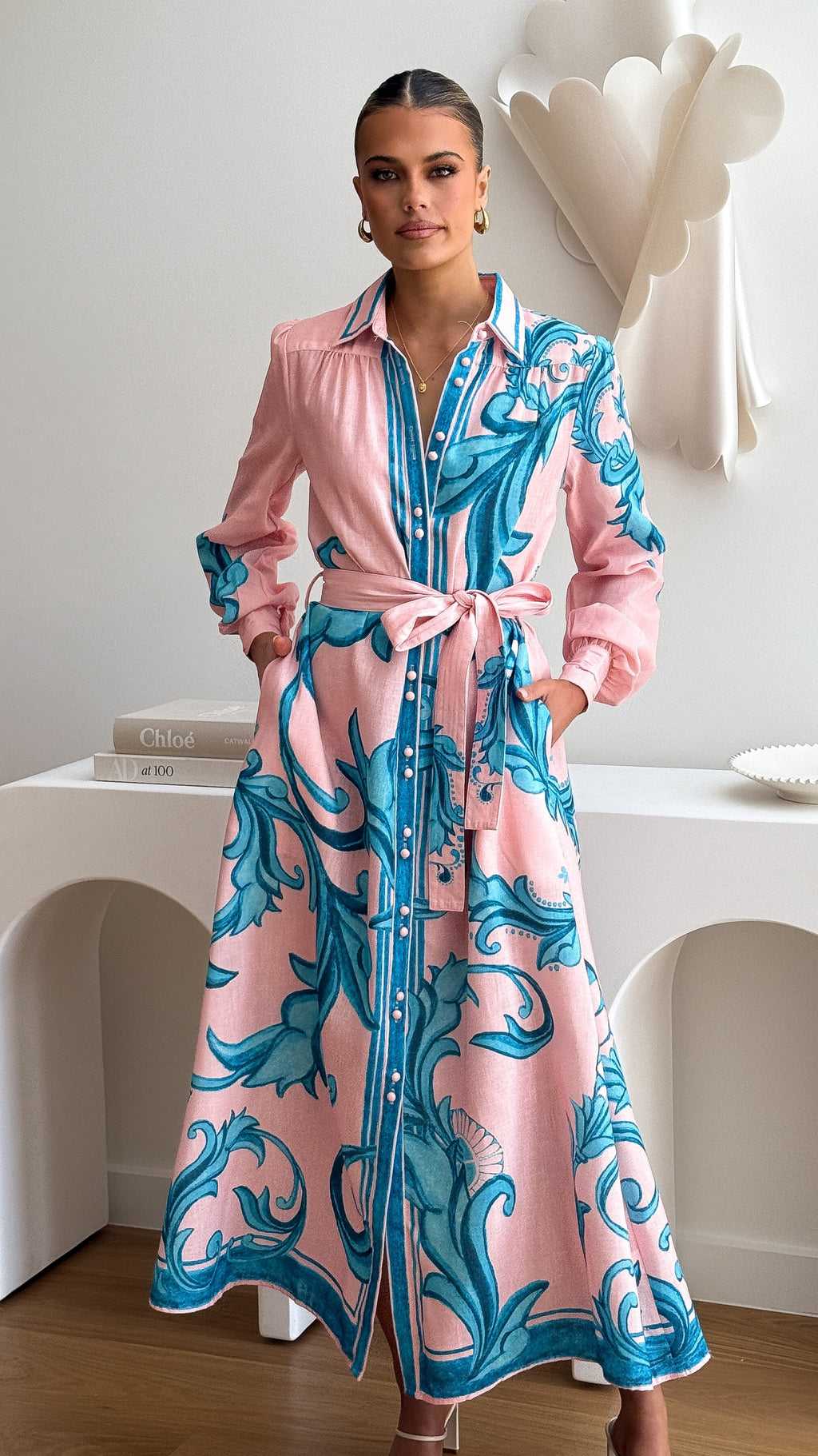 Lucia Long Sleeve Maxi Dress - Aqua/Pink Print