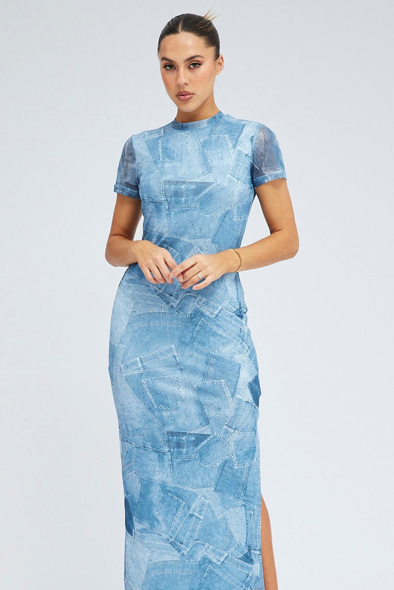 Blue Print Maxi Dress Short Sleeve Crew Neck Bodycon Mesh