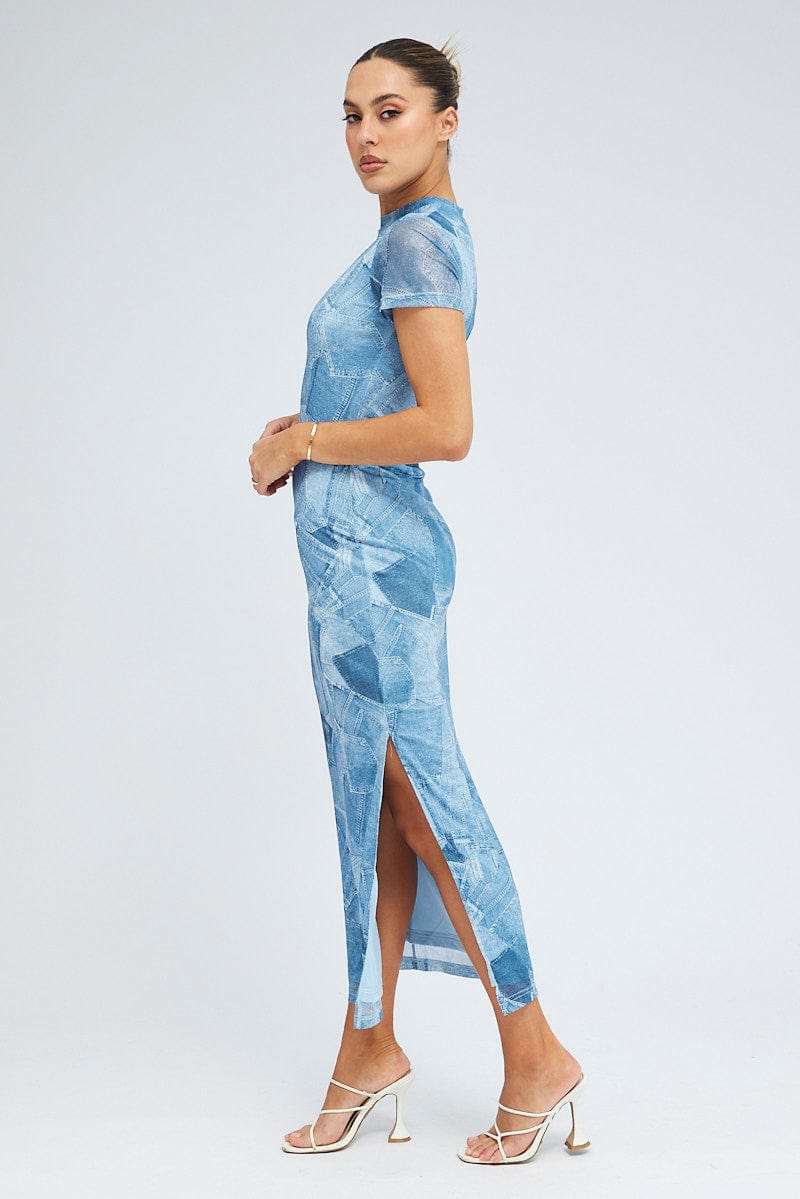 Blue Print Maxi Dress Short Sleeve Crew Neck Bodycon Mesh