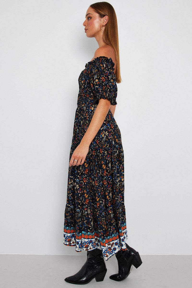 Black Boho Maxi Dress Short Sleeve Tiered