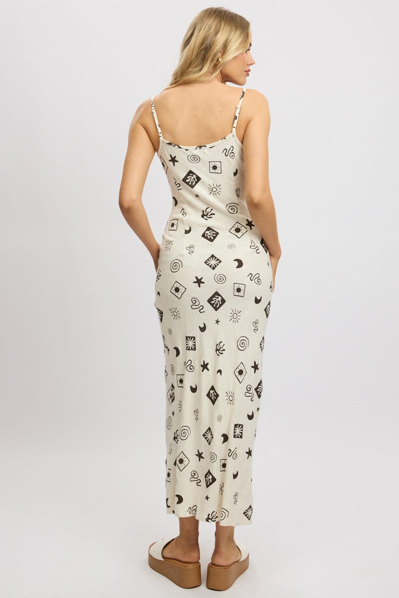 Beige Abstract Maxi Dress Bias Cut Linen Blend