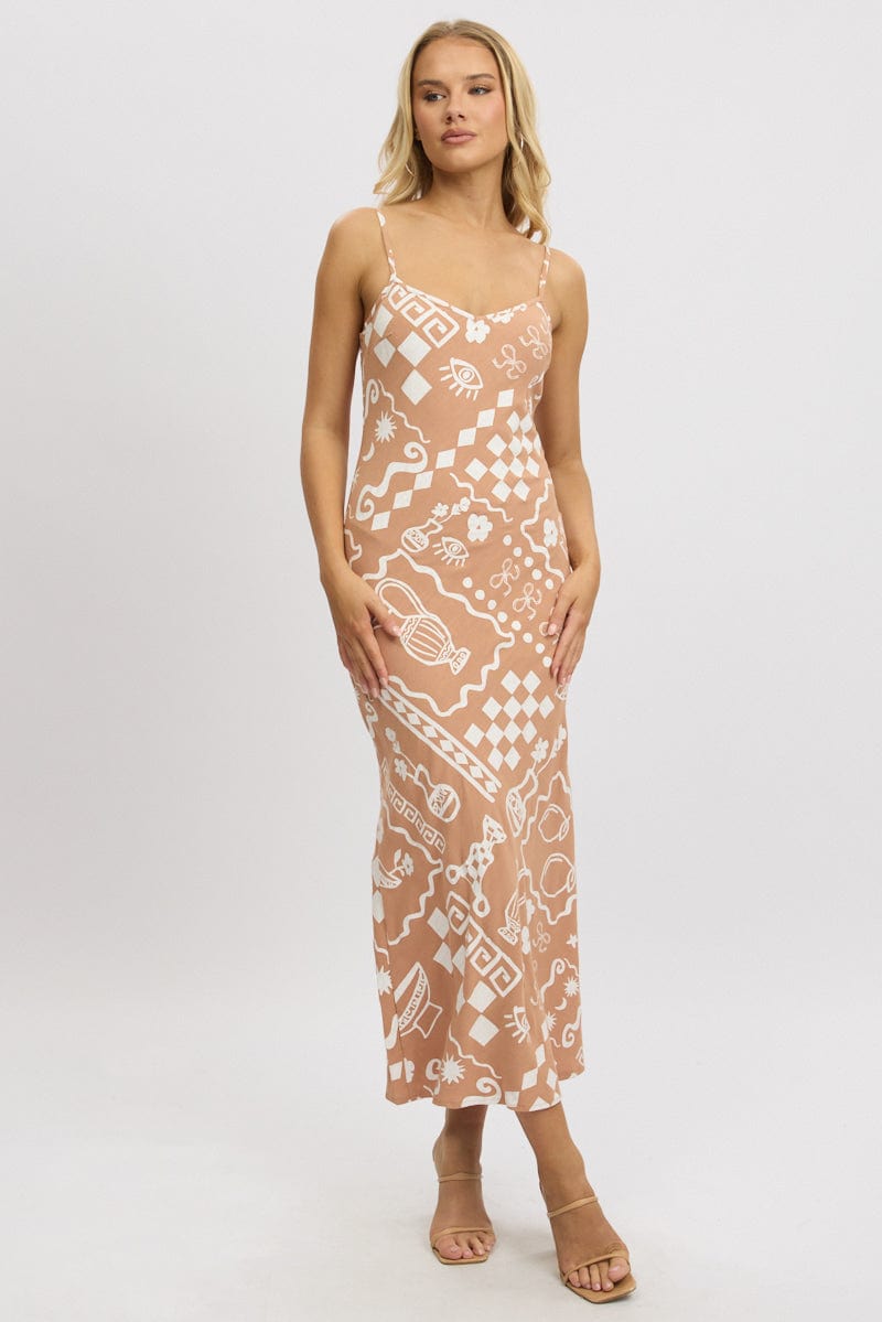 Brown Abstract Maxi Dress Bias Cut Linen Blend