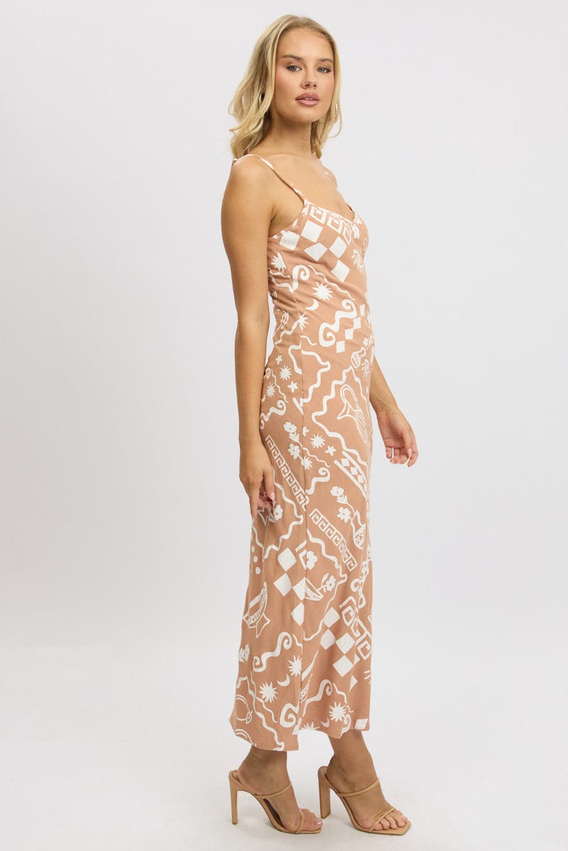 Brown Abstract Maxi Dress Bias Cut Linen Blend