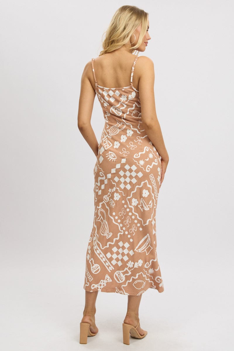 Brown Abstract Maxi Dress Bias Cut Linen Blend