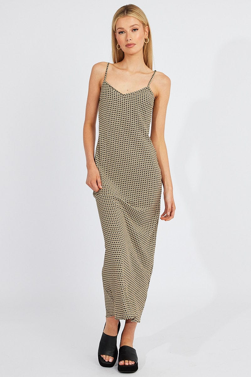 Brown Geo Maxi Dress Bias Cut