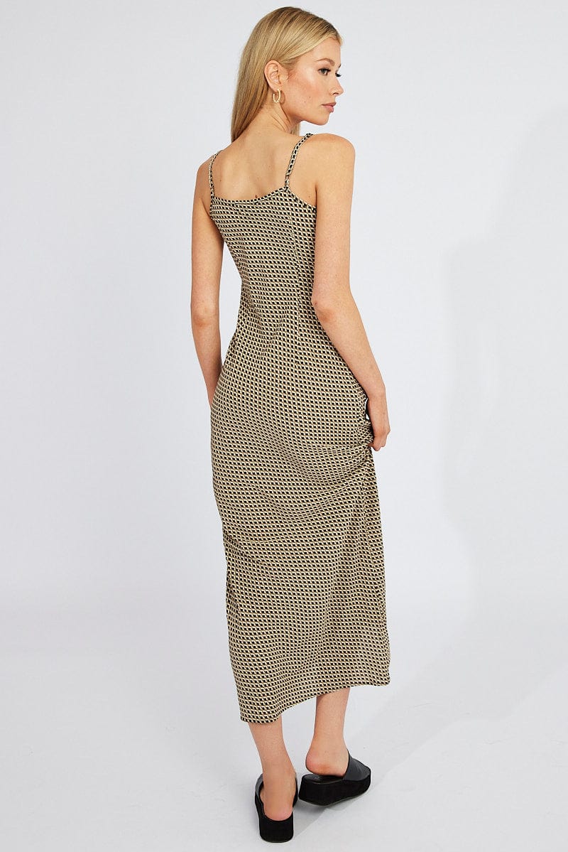 Brown Geo Maxi Dress Bias Cut