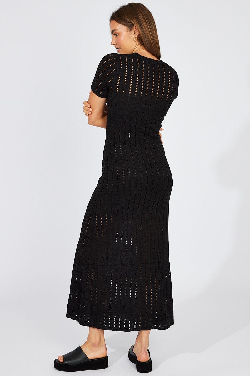 Black Knit Maxi Dress Crochet Short Sleeve
