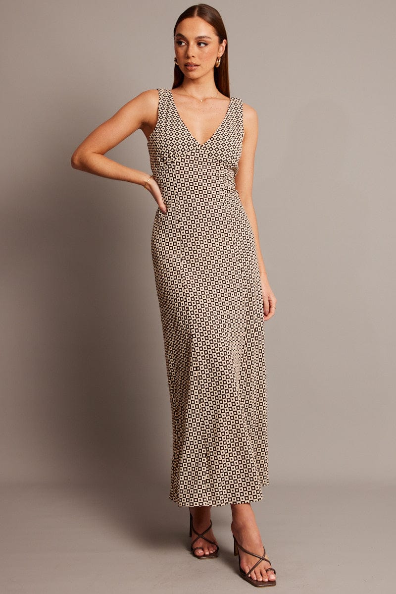 Brown Geo Midi Dress V Neck Sleeveless