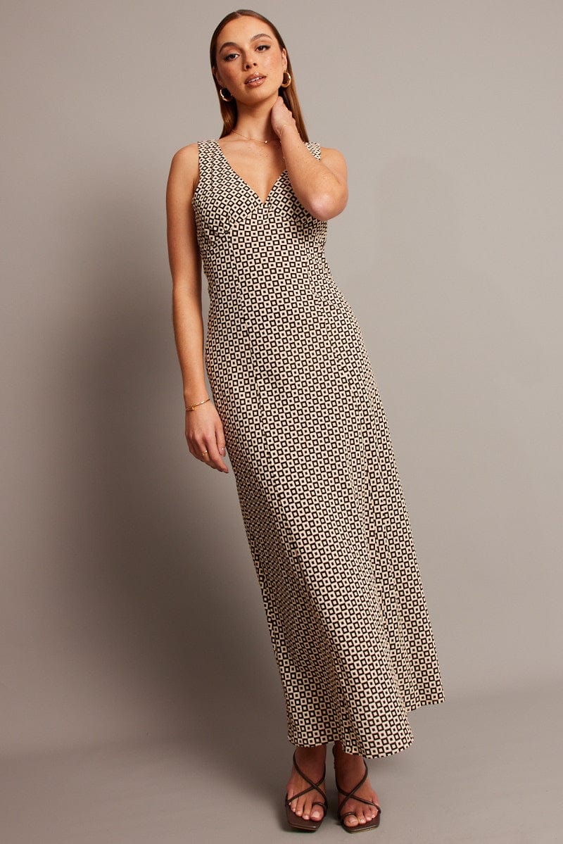Brown Geo Midi Dress V Neck Sleeveless
