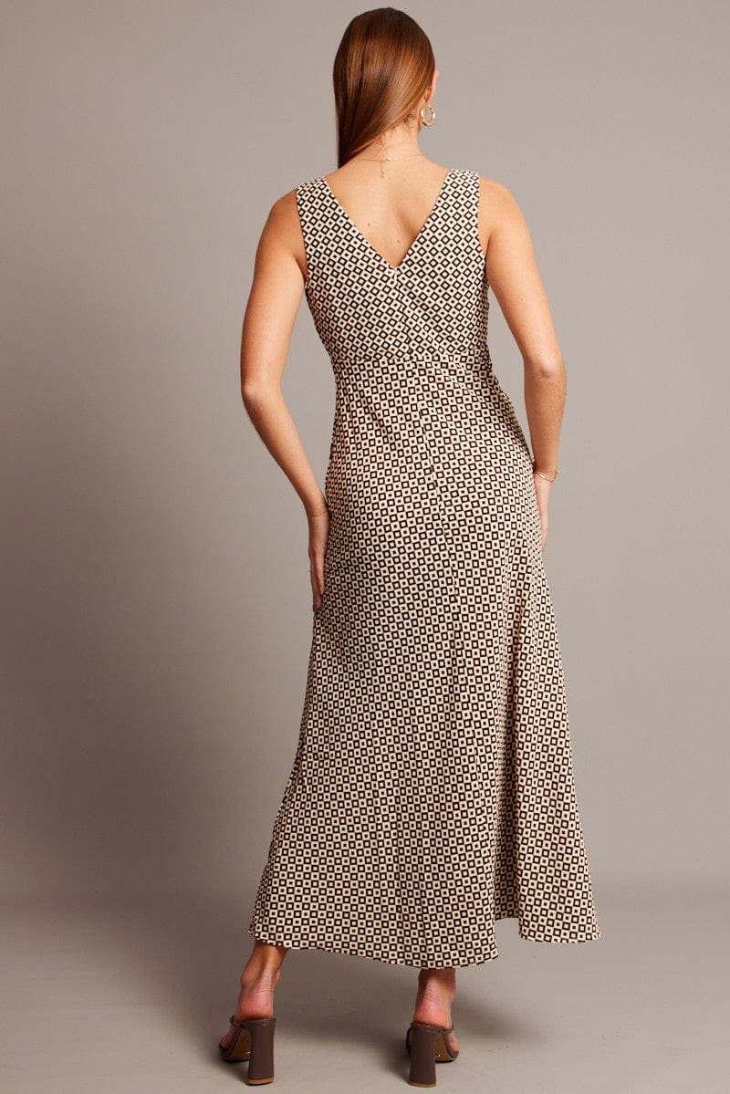 Brown Geo Midi Dress V Neck Sleeveless