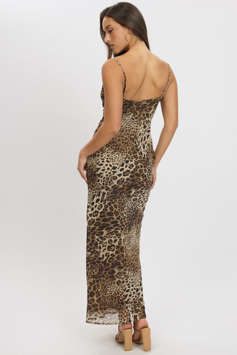 Brown Animal Print Maxi Dress Cowl Neck