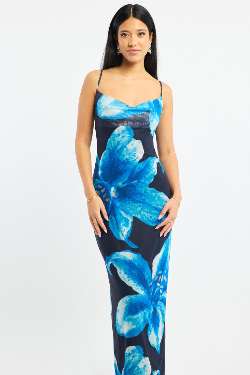 Blue Floral Maxi Dress Cowl Neck Mesh
