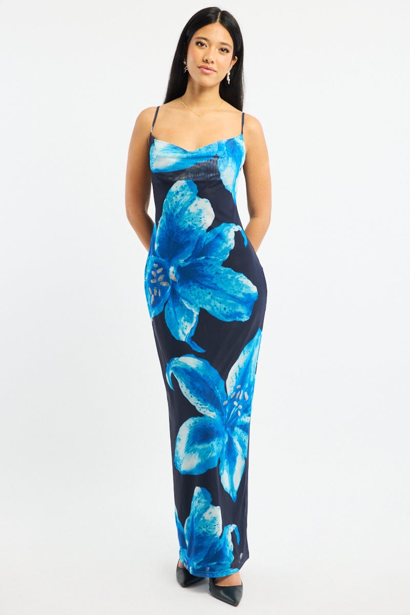 Blue Floral Maxi Dress Cowl Neck Mesh
