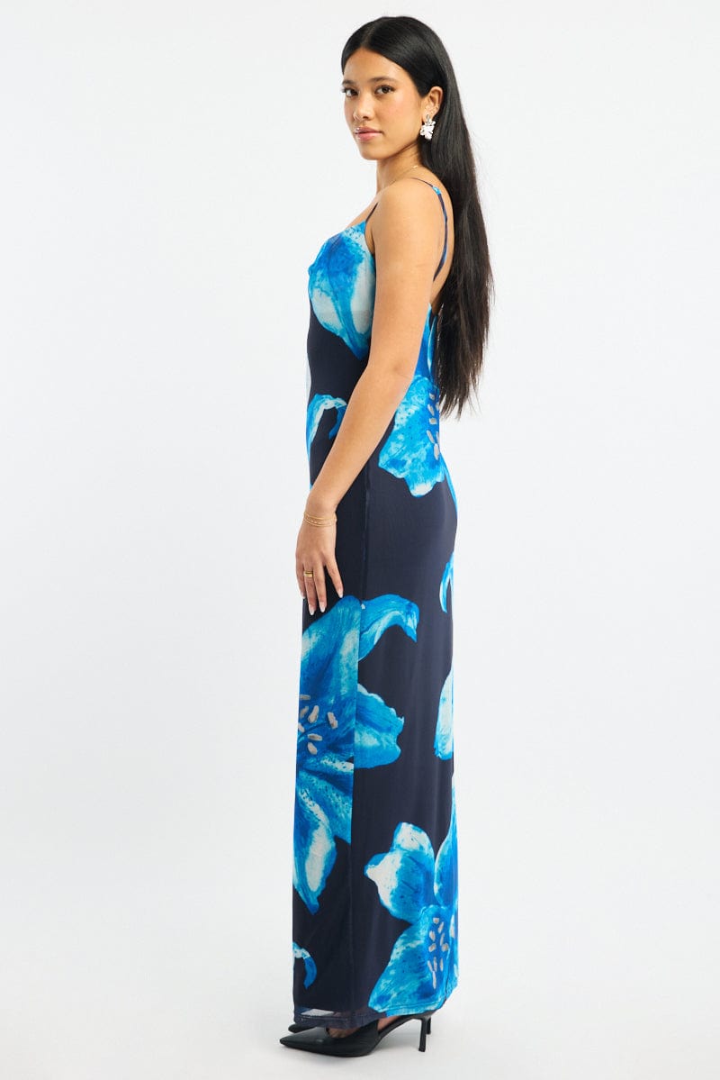 Blue Floral Maxi Dress Cowl Neck Mesh