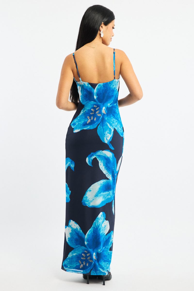 Blue Floral Maxi Dress Cowl Neck Mesh