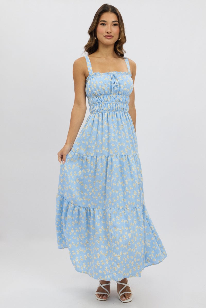 Blue Ditsy Maxi Dress Strappy Tiered