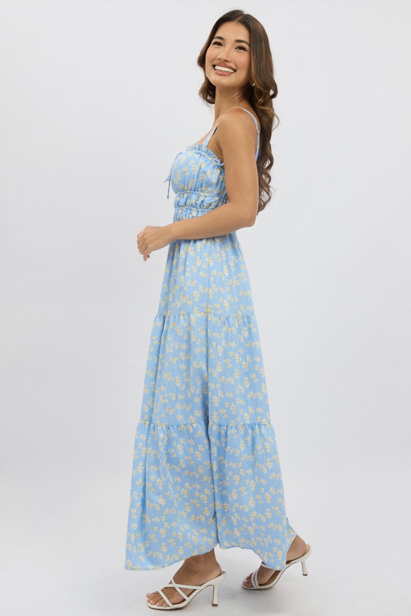 Blue Ditsy Maxi Dress Strappy Tiered