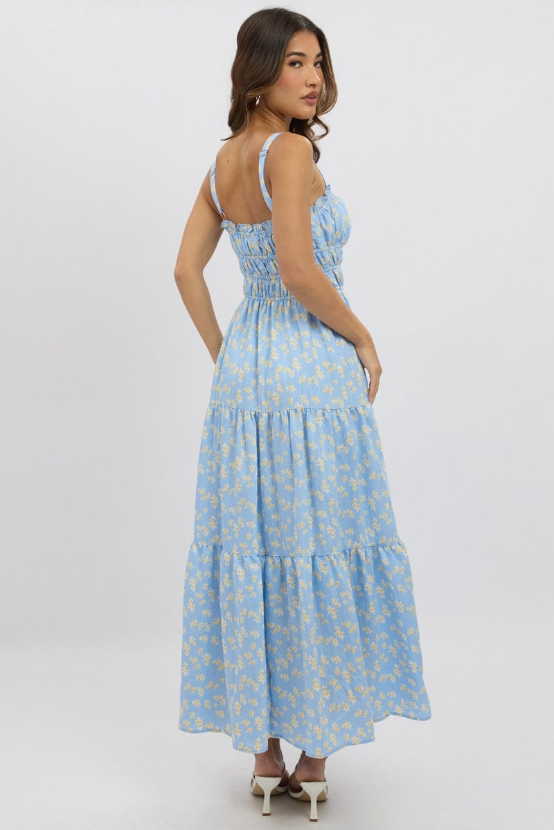 Blue Ditsy Maxi Dress Strappy Tiered