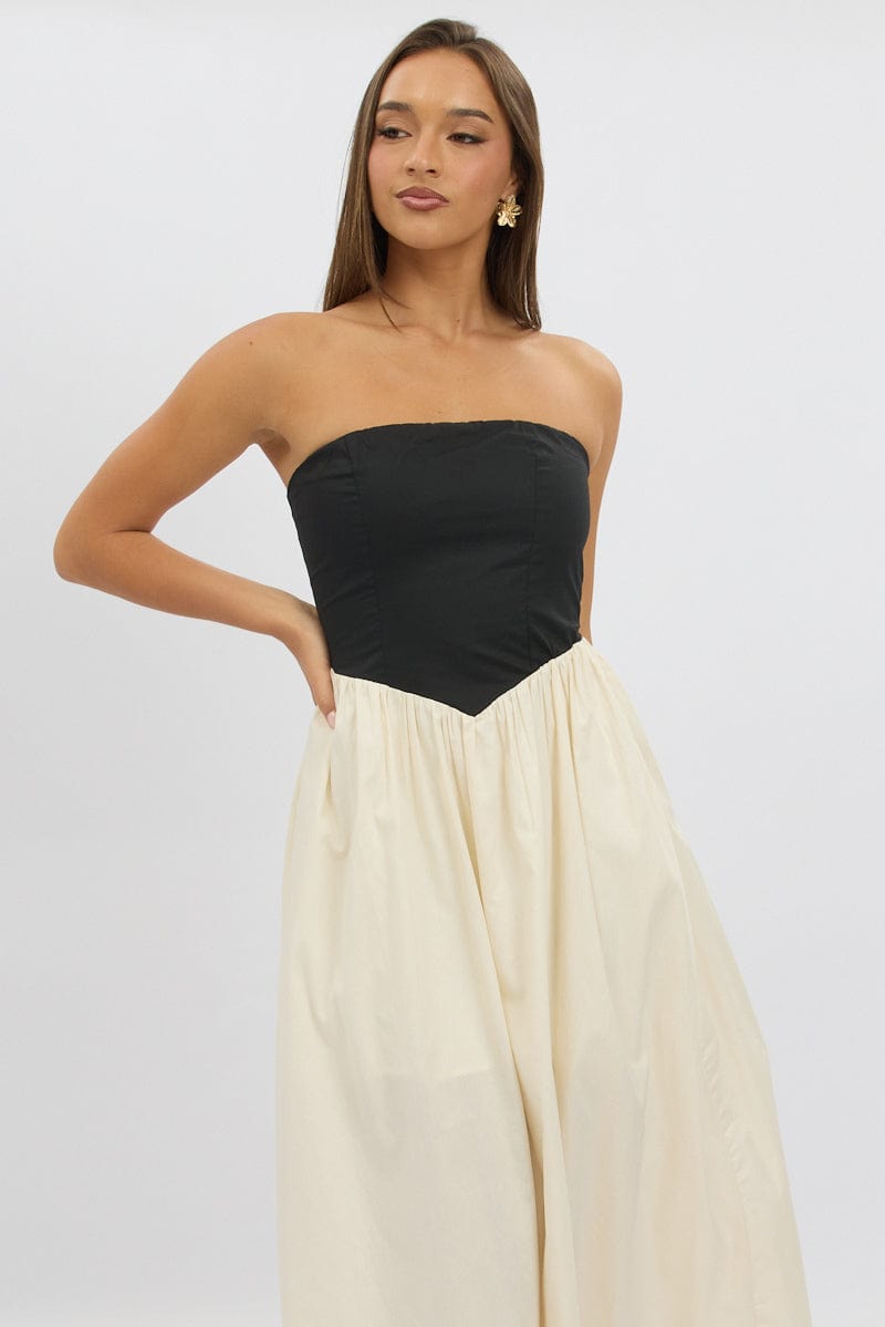 Beige Strapless Maxi Dress Colour Block