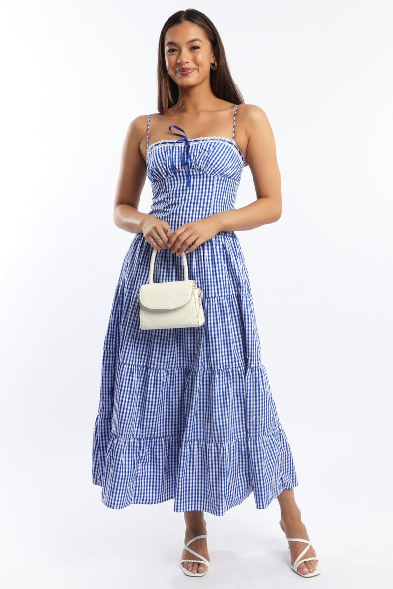 Blue Check Maxi Dress Satin Tape Detail