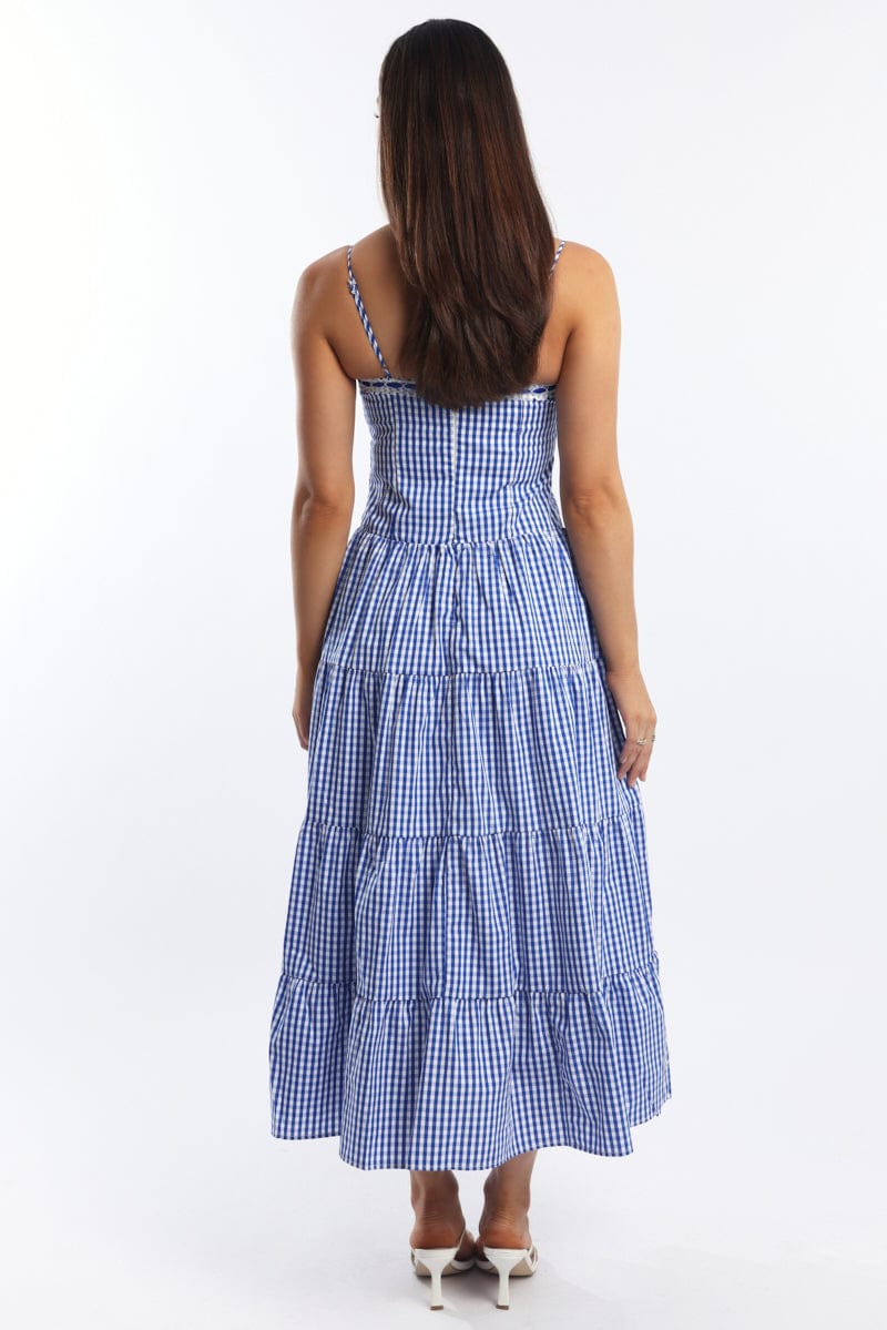Blue Check Maxi Dress Satin Tape Detail