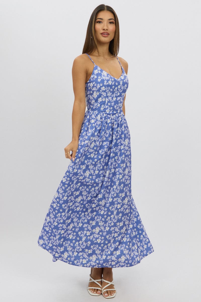 Blue Ditsy Maxi Dress V-Neck