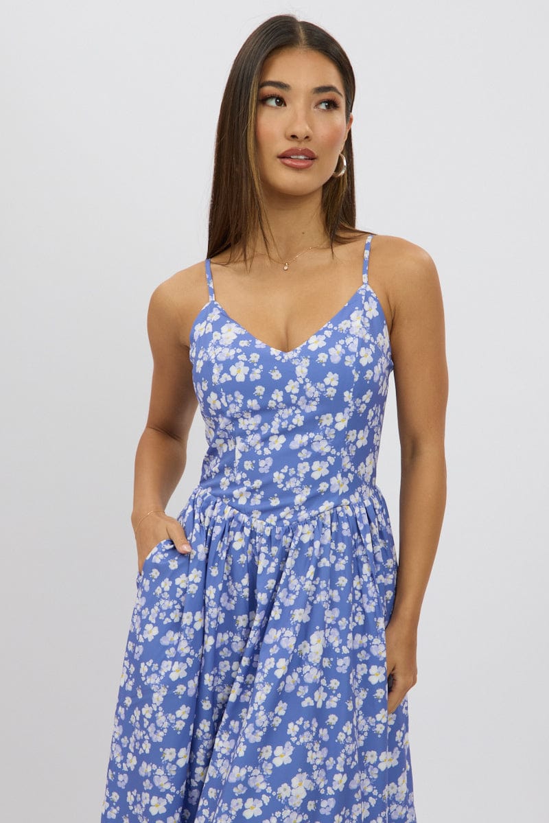 Blue Ditsy Maxi Dress V-Neck