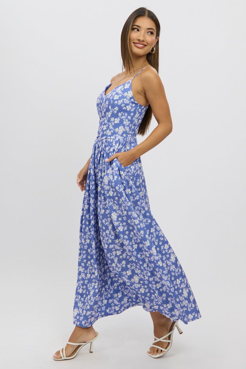 Blue Ditsy Maxi Dress V-Neck