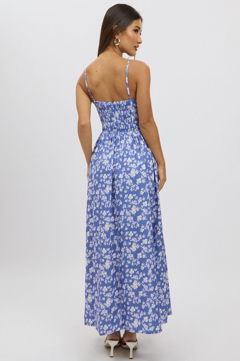 Blue Ditsy Maxi Dress V-Neck