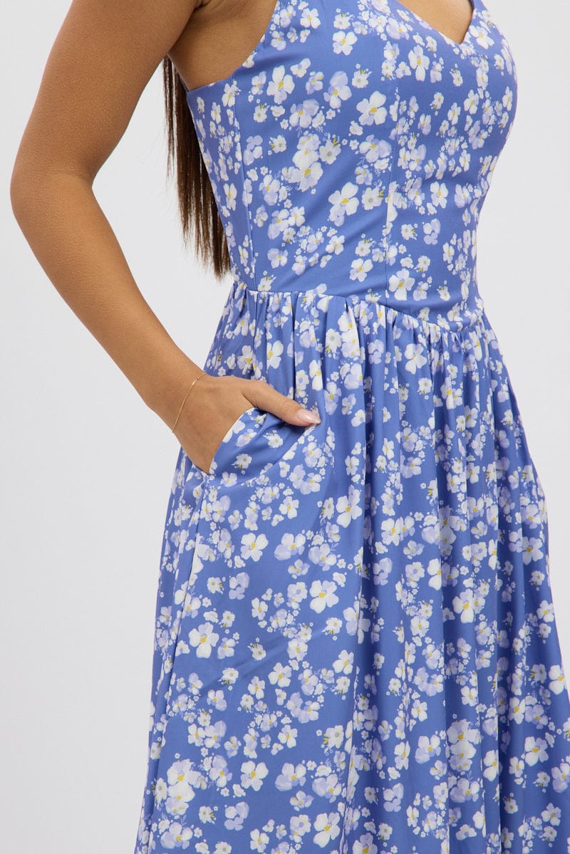 Blue Ditsy Maxi Dress V-Neck