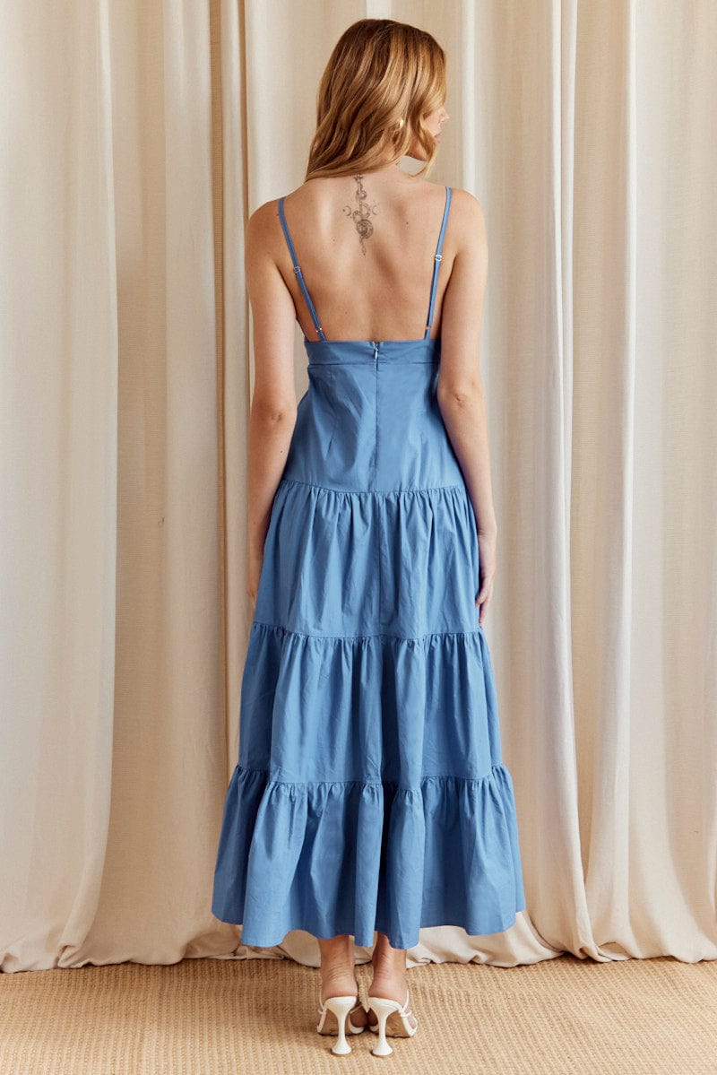 Blue Maxi Dress V-Neck Sleeveless Poplin